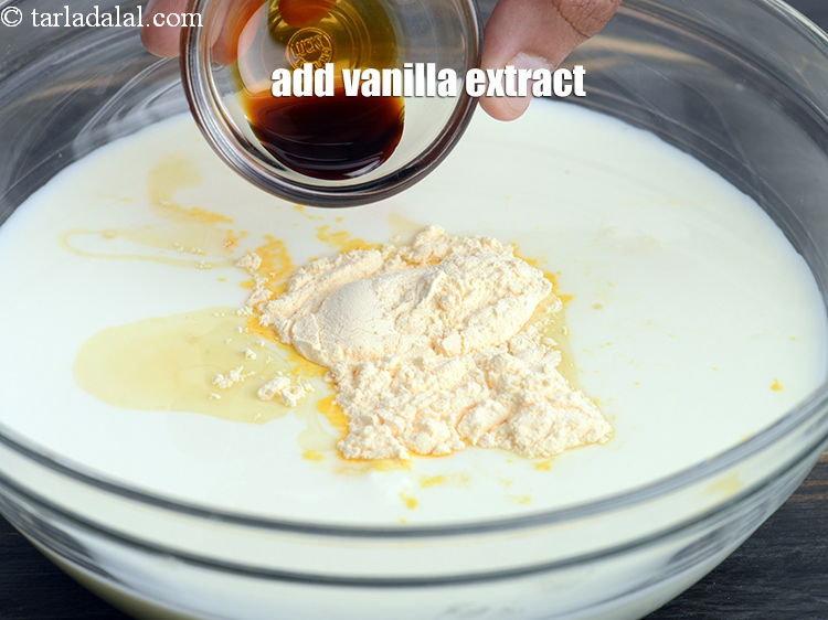 Step 10 – Add &frac12; tsp&nbsp;<a href="https://www.tarladalal.com/glossary-vanilla-extract-1248i">vanilla extract</a>. It enhances the flavour of the custard.