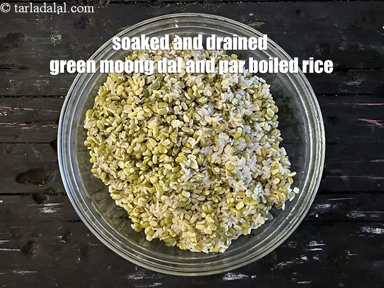 Step 14 – Washed and drained green moong dal and par boiled rice.