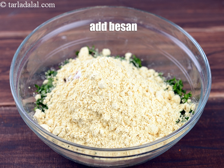 Step 10 – Add 3/4 cup <a href="https://www.tarladalal.com/glossary-besan-chana-dal-flour-bengal-gram-flour-952i">besan (bengal gram flour)</a>.
