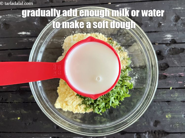 Step 11 – Add enough milk gradually to make a soft dough. We added 1/4 cup milk. Then …
