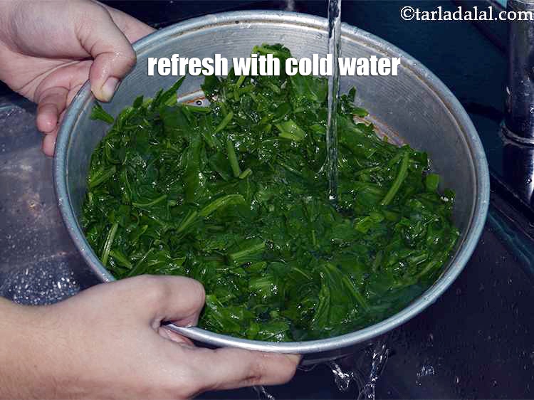 Step 10 – Run the strainer below cold water to refresh the spinach. This stops the cooking process …