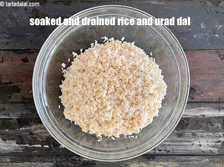 Step 10 – Soaked and drained ural dal and rice.&nbsp;