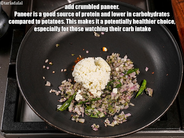 Step 11 – Add &frac14; cup <a href="https://www.tarladalal.com/glossary-crumbled-paneer-997i">crumbled paneer (cottage cheese)</a>. Paneer is a good source of protein …