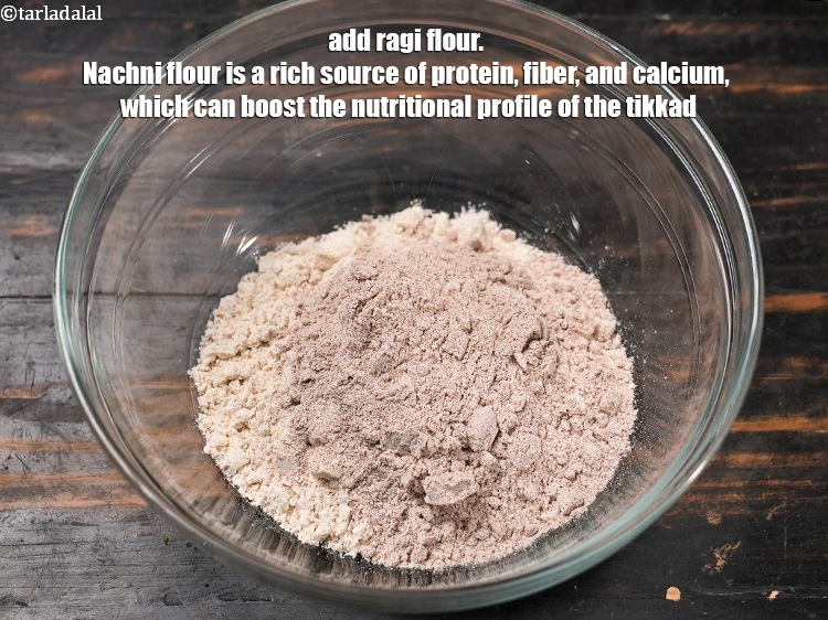 Step 12 – Add &frac14; cup <a href="https://www.tarladalal.com/glossary-ragi-flour-nachni-flour-nachni-ka-atta-red-millet-flour-1115i">ragi (nachni / red millet) flour</a>. Nachni flour is a rich …