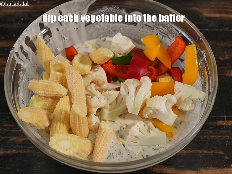 Step 11 – Dip each vegetable into the batter.