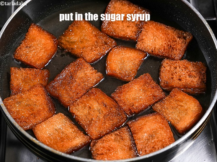 Step 11 – Add the deep-fried bread pieces in the sugar syrup.