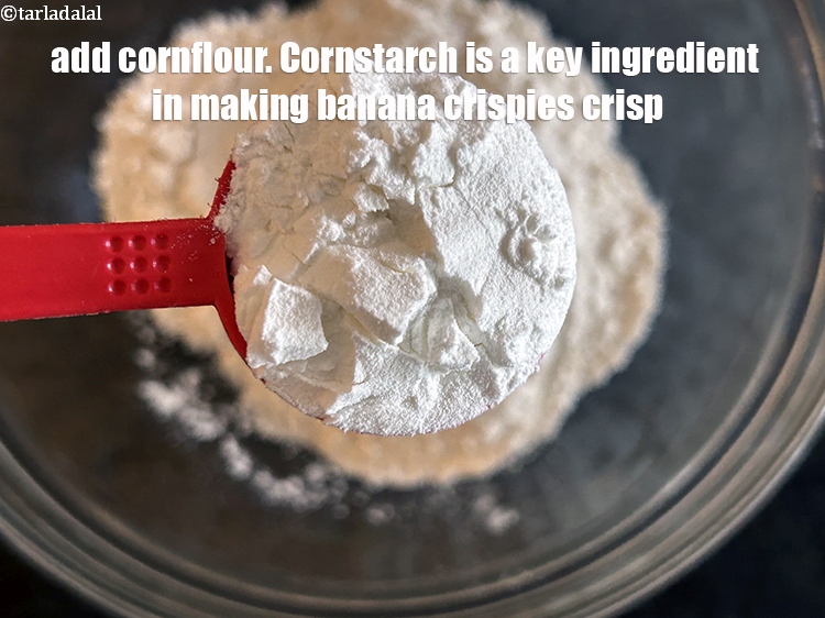 Step 11 – Add&nbsp;<meta charset="UTF-8" />2 tbsp&nbsp;<a href="glossary-cornflour-cornstarch-maize-starch-corn-flour-112i">cornflour</a>. Cornstarch is a key ingredient in making banana crispies crisp.