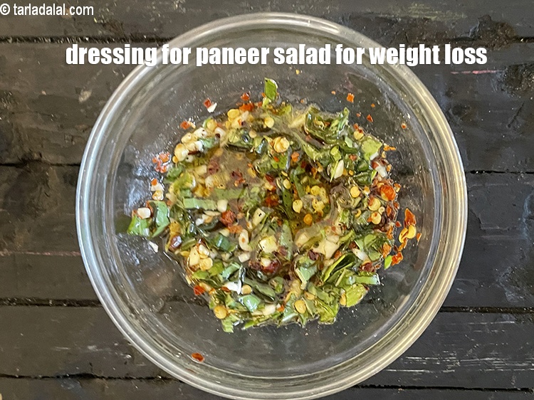 Step 11 – Dressing for paneer tomato salad.
