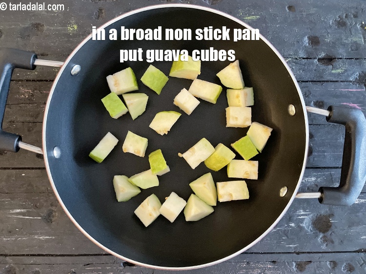 Step 13 – In a broad non stick pan put <strong>1&nbsp;cup</strong>&nbsp;<a href="glossary-guava-cubes-2269i">guava cubes</a>.