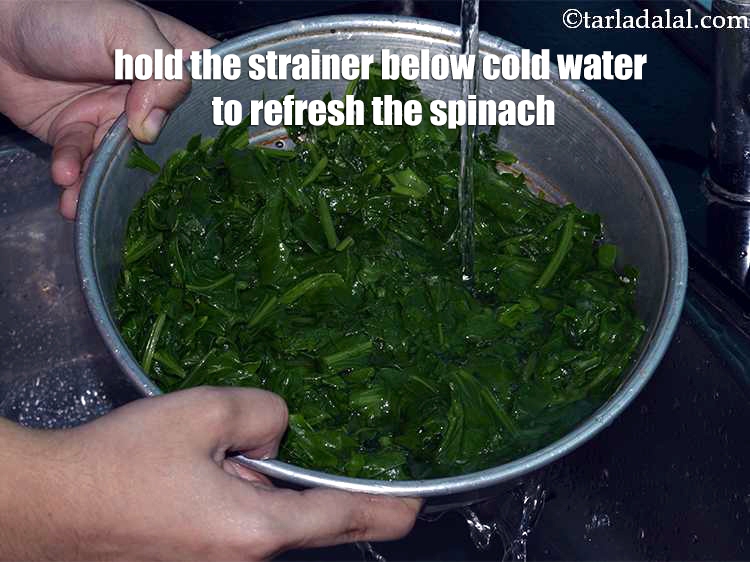 Step 11 – Hold the strainer below cold water to refresh the spinach and drain well. Alternatively you …