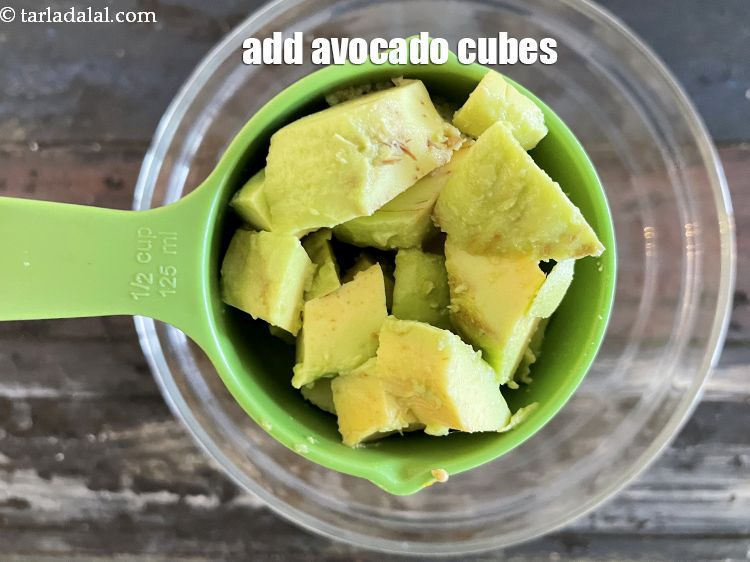 Step 19 – Add&nbsp;1/2 cup&nbsp;riped&nbsp;<a href="https://tarladalal.com/glossary-avocado-cubes-2499i">avocado cubes</a>.