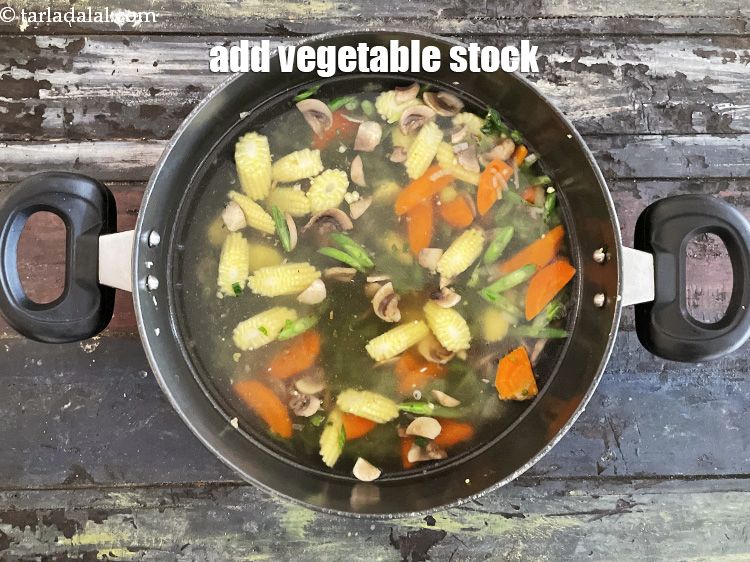 Step 14 – Add&nbsp;4 1/2 cups&nbsp;<a href="clear-vegetable-stock-4181r">clear vegetable stock</a>.