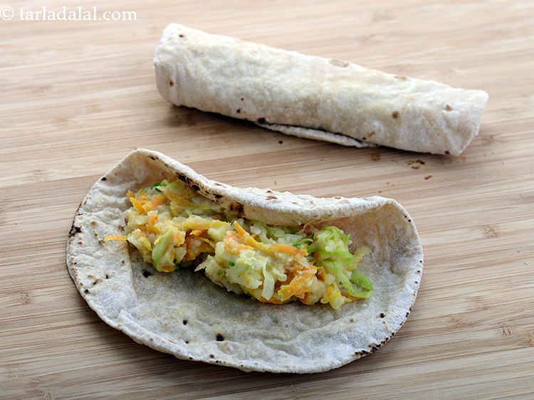 Step 21 – Spread a portion of the filling in the centre of a chapati.