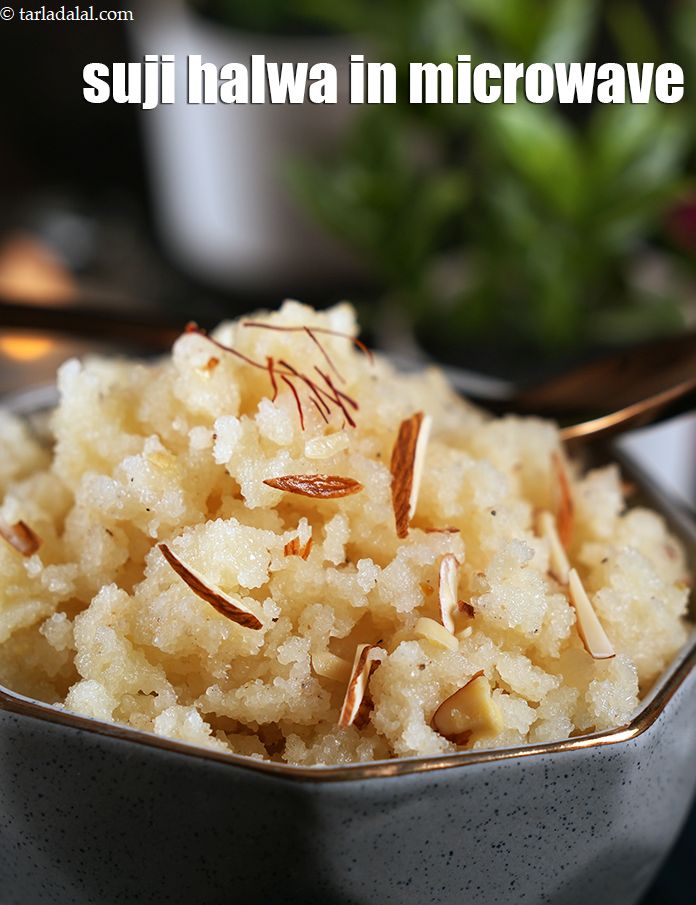 Step 16 – Serve the<strong> microwave sheera&nbsp;</strong>hot garnished with&nbsp;<a href="https://www.tarladalal.com/glossary-almond-slivers-slivered-almonds-664i">almond (badam) slivers</a>.