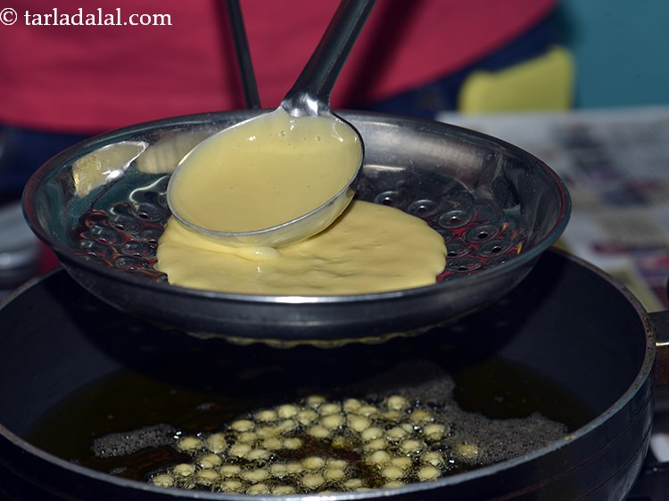 Step 16 – Deep-fry the boondi over a medium flame till crisp.