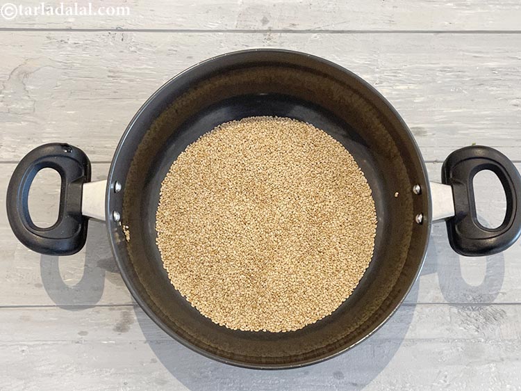 Step 5 – Dry roast til (sesame seeds)&nbsp;on a medium flame for 3&nbsp;to 4&nbsp;minutes. We want the colour …