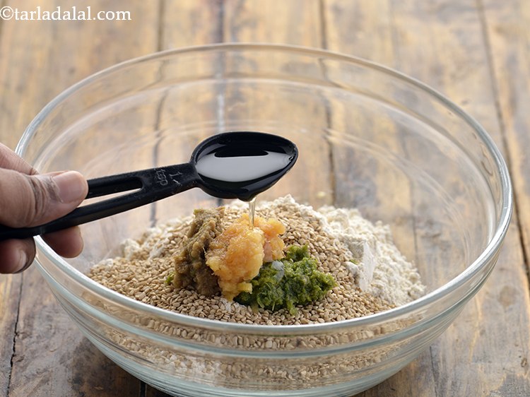 Step 6 – <div> Add the oil. It helps in improving the texture of <strong>jowar and til baked …