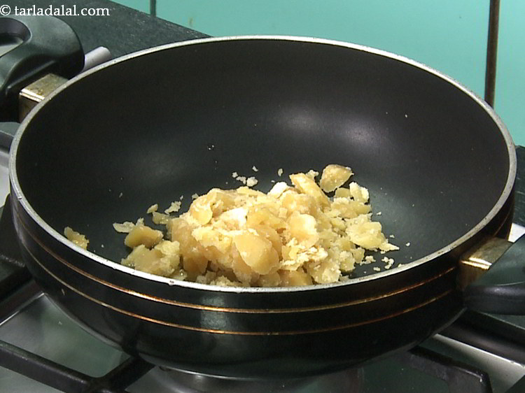 Step 12 – Once the ghee melts, add &frac14; cup of jaggery. These are the final 2 ingredients …