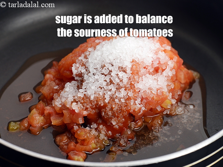 Step 15 – Sugar is added to balance the sourness of tomatoes.