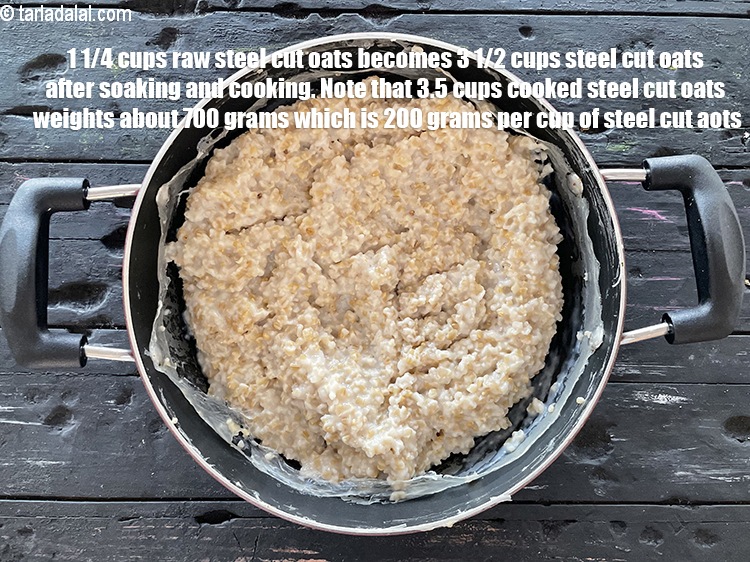 Step 17 – <u><em>1&nbsp;1/4 cups raw steel cut oats becomes 3 1/2 cups steel cut oats after soaking …