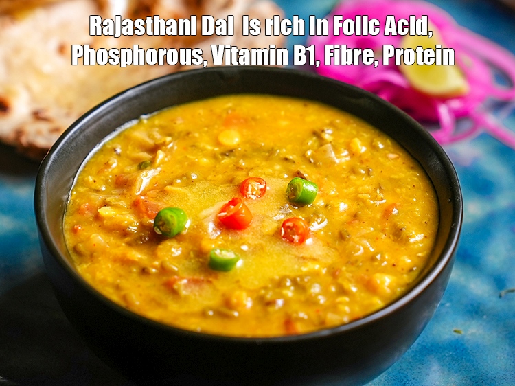 Step 36 – <strong>Rajasthani Dal &nbsp;is rich in&nbsp;Folic Acid,&nbsp;Phosphorus,&nbsp;Vitamin B1, Fibre, Protein</strong> &nbsp; <ol> <li><strong>Folic Acid</strong>&nbsp;<strong>(Vitamin B9):</strong>&nbsp;<a href="https://www.tarladalal.com/recipes-for-Pregnancy-Folic-Acid-Rich-447">Folic …