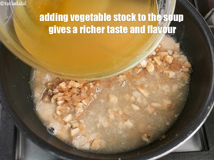Step 26 – Adding vegetable stock to the soup gives a richer taste and flavour.