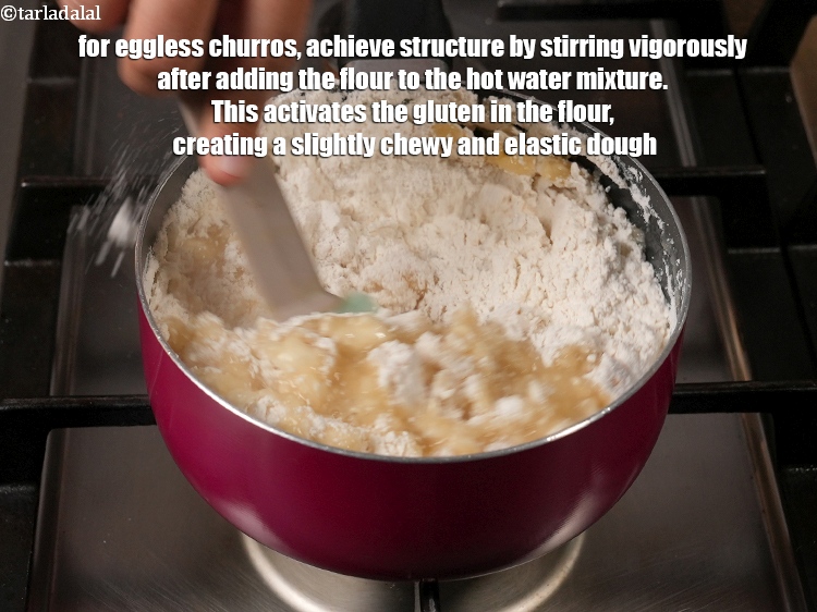 Step 27 – For eggless churros, achieve structure by stirring vigorously after adding the flour to the hot …