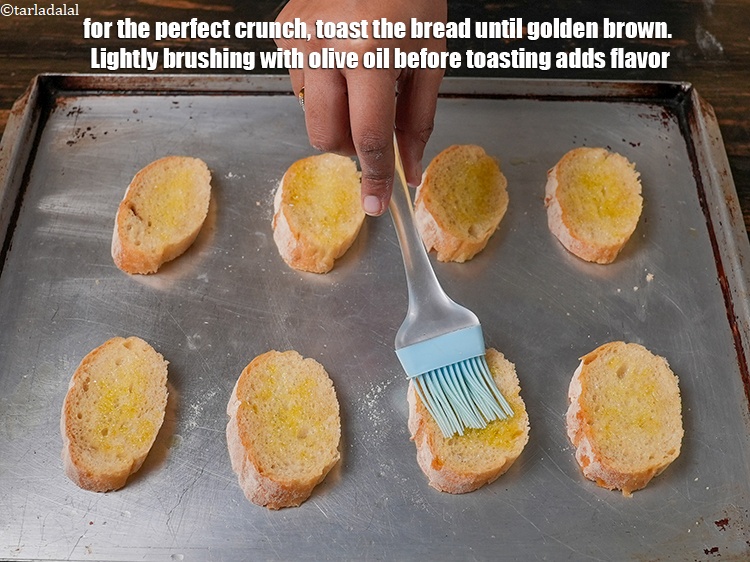 Step 11 – For the perfect crunch, toast the bread until golden brown. Lightly brushing with olive oil …