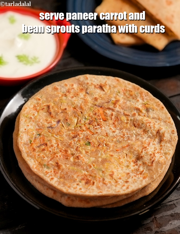 Step 46 – Serve&nbsp;<strong>paneer carrot and bean sprouts paratha </strong><meta charset="UTF-8" />with curds.&nbsp;See&nbsp;<a href="https://www.tarladalal.com/how-to-make-curd-or-dahi-at-home-2790r">how to make curds</a>.&nbsp;