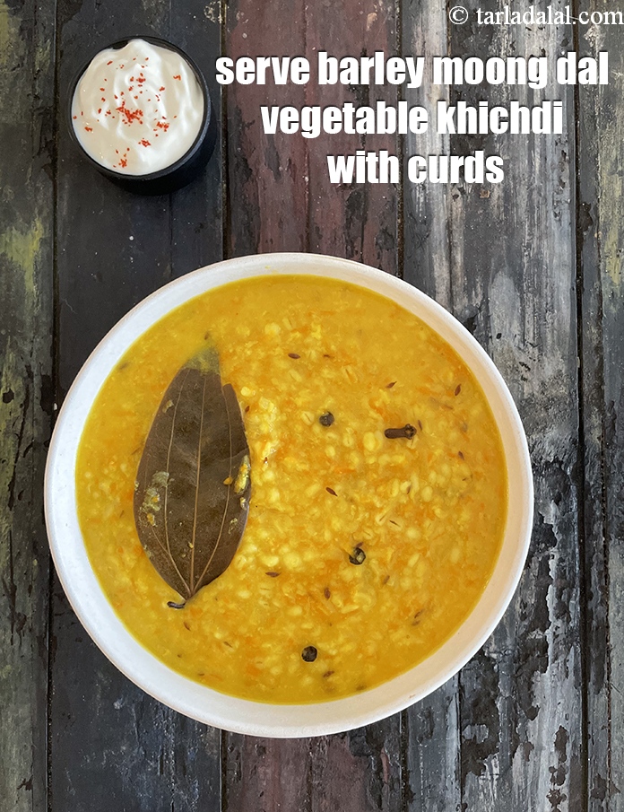 Step 33 – Serve <strong>barley moong dal vegetable&nbsp;khichdi&nbsp;</strong>with curds.