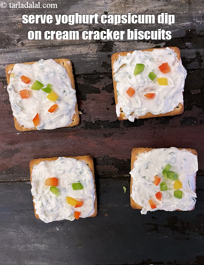 Step 21 – Spread&nbsp;<strong>yoghurt capsicum dip</strong> on cream cracker biscuits. We suggest&nbsp;cream cracker biscuits as they have a …