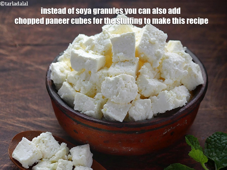 Step 34 – Instead of soya granules you can also add chopped paneer cubes for the stuffing to …