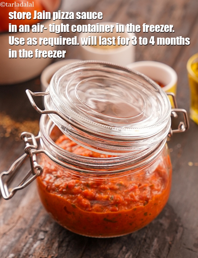 Step 24 – Store <meta charset="UTF-8" /><strong>Jain pizza sauce | &nbsp;Onion-Garlic-Free Pizza Sauce |&nbsp;</strong>&nbsp;in an air- tight container …