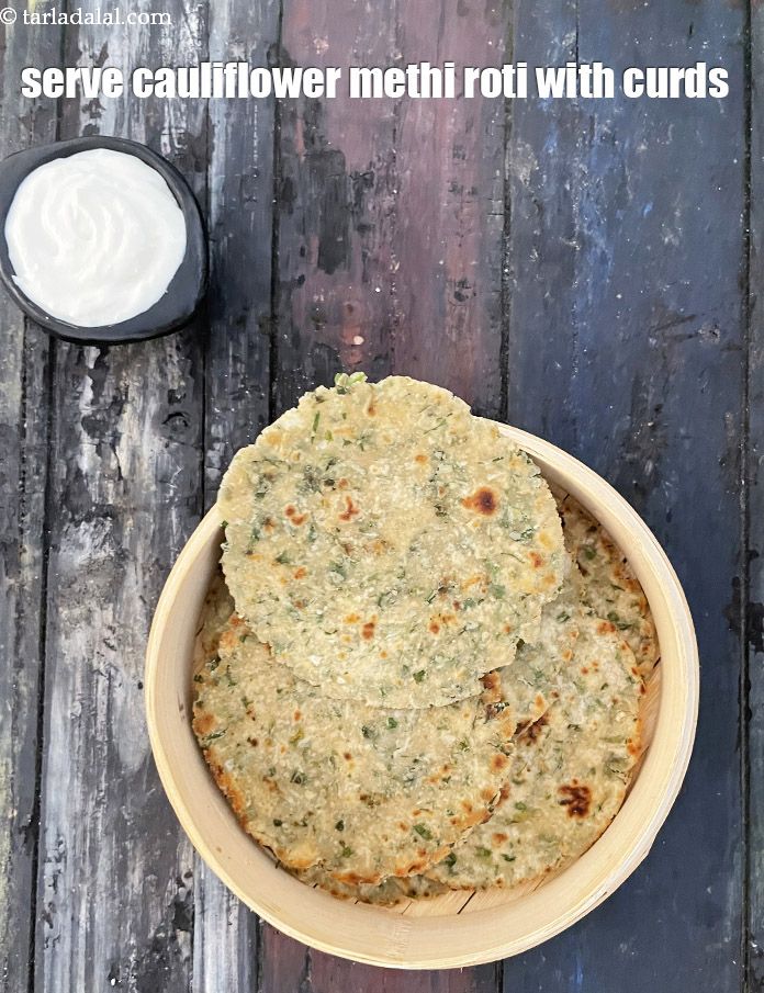 Step 26 – Serve&nbsp;cauliflower methi paratha with curds.