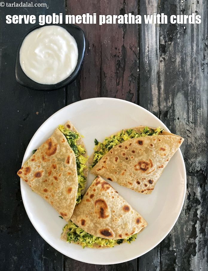Step 42 – Serve gobi methi paratha with curds to make a healthy Indian breakfast.