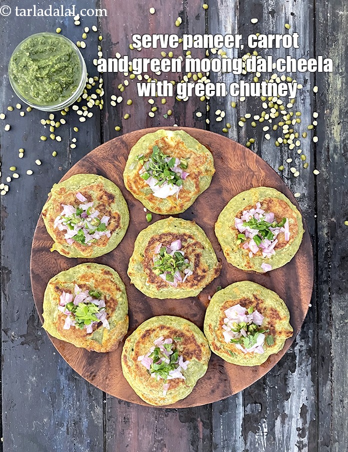 Step 30 – Serve with <strong>paneer, carrot green moog dal cheela&nbsp;</strong>green chutney.