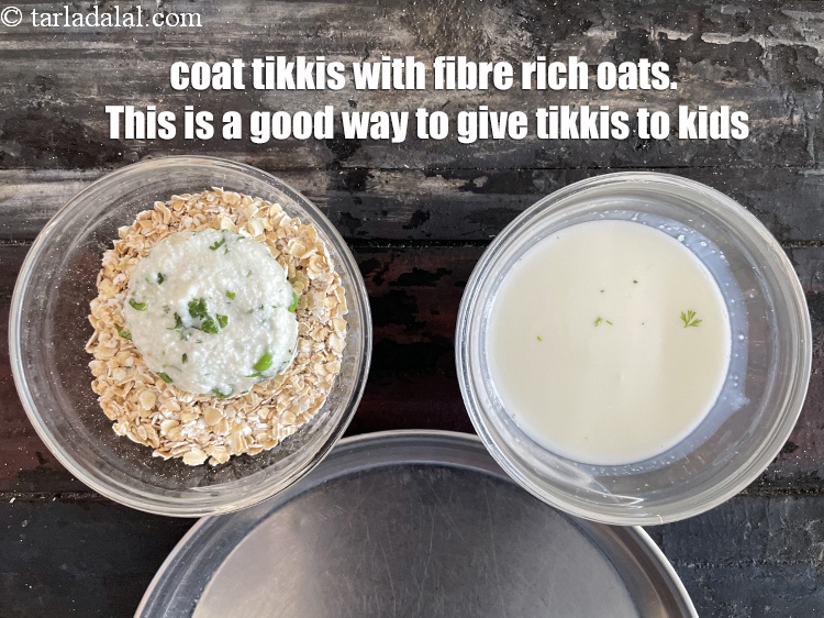 Step 27 – Coat tikkis with fibre rich oats. This is a good way to give tikkis to …