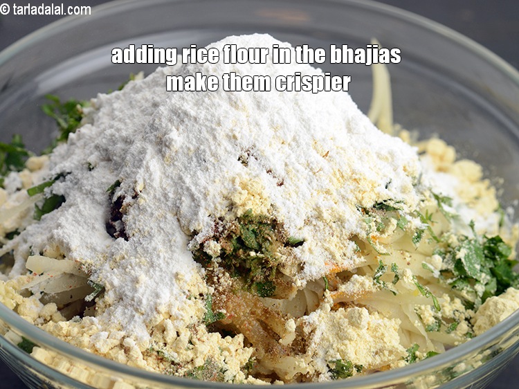 Step 23 – Adding rice flour in the bhajias make them crispier.