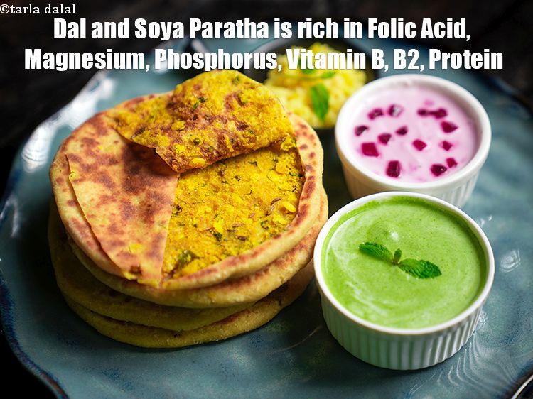 Step 59 – <strong>Dal and Soya Paratha&nbsp;is rich in&nbsp;Folic Acid,&nbsp;Magnesium,&nbsp;Phosphorus,&nbsp;Vitamin B, B2, Protein.</strong> <ol> <li><strong>Folic Acid</strong>&nbsp;<strong>(Vitamin B9):</strong>&nbsp;<a href="https://www.tarladalal.com/recipes-for-Pregnancy-Folic-Acid-Rich-447">Folic …