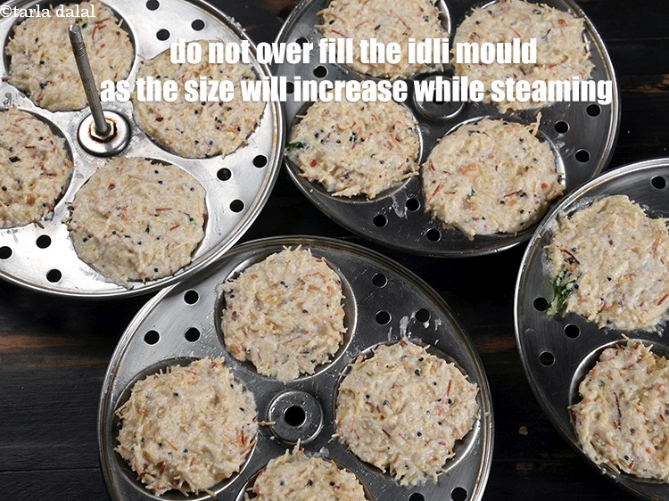 Step 35 – Do not over fill the idli mould as the size will increase while steaming.