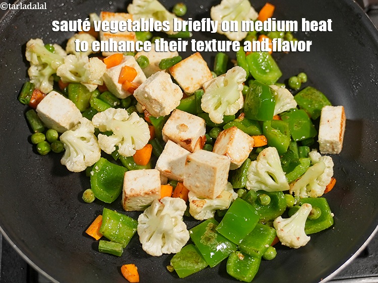 Step 42 – Saut&eacute; vegetables briefly on medium heat to enhance their texture and flavor.