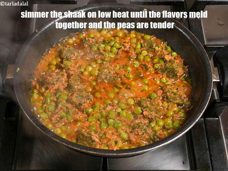Step 30 – Simmer the shaak on low heat until the flavors meld together and the peas are …