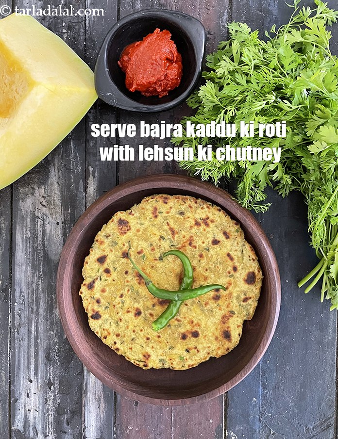 Step 32 – Serve&nbsp;&nbsp;bajra kaddu ka paratha with <a href="https://www.tarladalal.com/lehsun-ki-chutney-lasun-ki-chutney-garlic-chutney-for-chaat-3902r">lehsun ki chutney</a>.