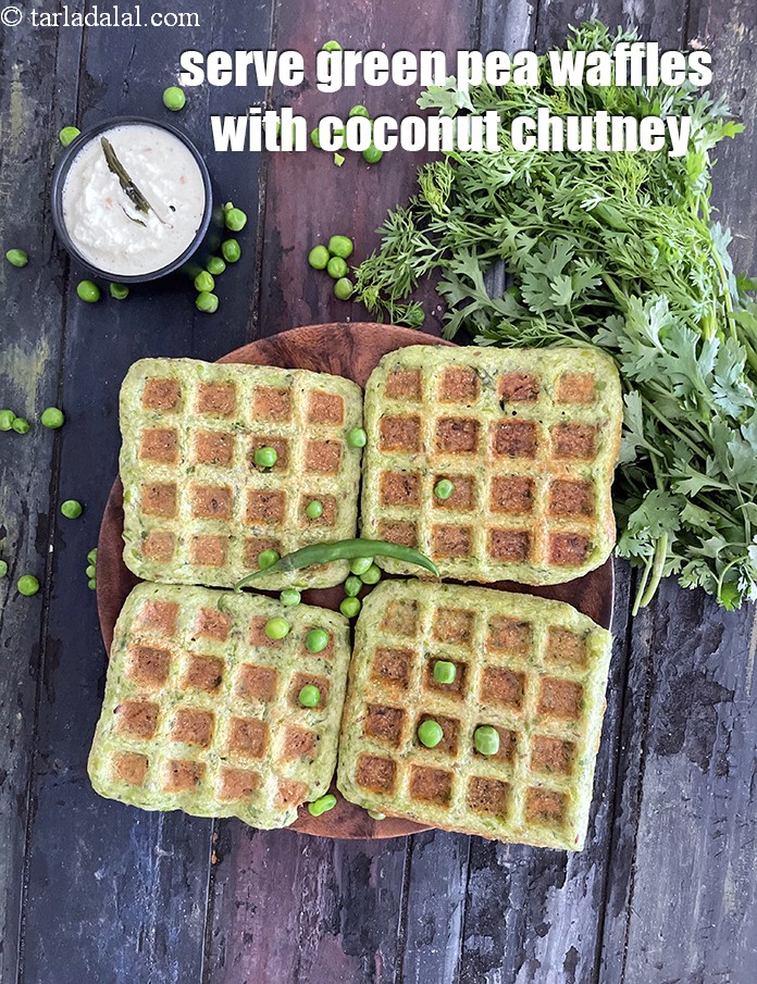 Step 28 – Serve green peas waffle with coconut chutney.