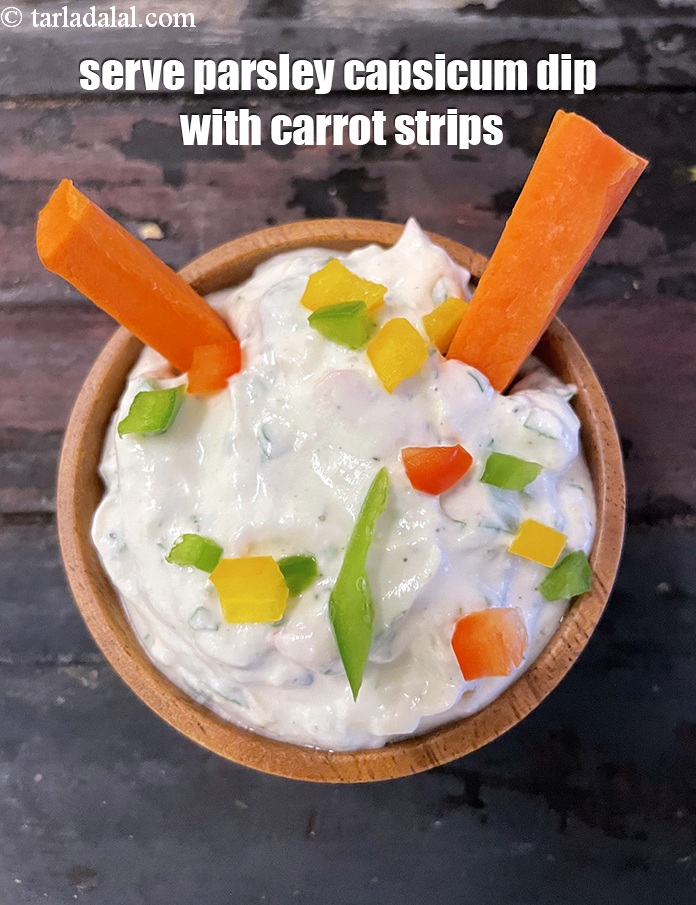 Step 22 – Serve <strong>parsley capsicum dip</strong>&nbsp;with carrot strips.