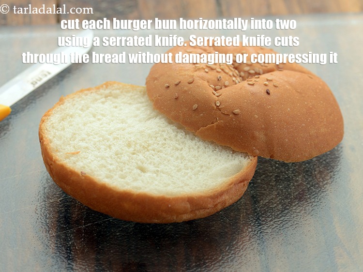 Step 38 – Cut each burger bun horizontally into two using a serrated knife. Serrated knife cuts through …