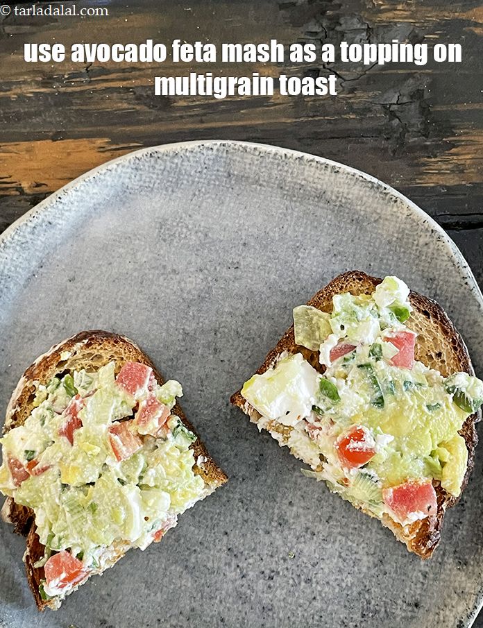 Step 14 – Use the&nbsp;<strong>avocado and feta mash as a topping </strong>and put it on a multigrain toast …
