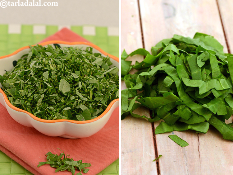Step 3 – Pick the leaves from palak and methi leaves bunch.&nbsp;Place them on a chopping board and …