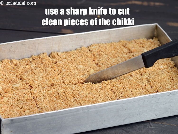 Step 20 – Use a sharp knife to cut clean pieces of the chikki.