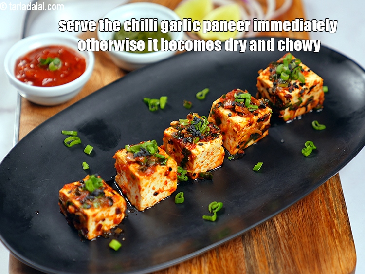 Step 15 – Serve the<strong> chilli garlic panee</strong>r immediately otherwise it becomes dry and chewy.